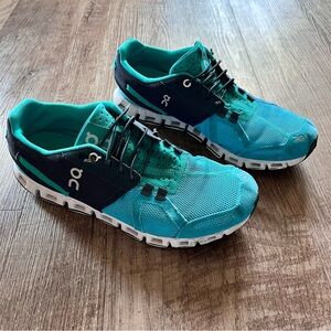 On Running Blue and Black Athletic Shoes with Cloud Cushioning